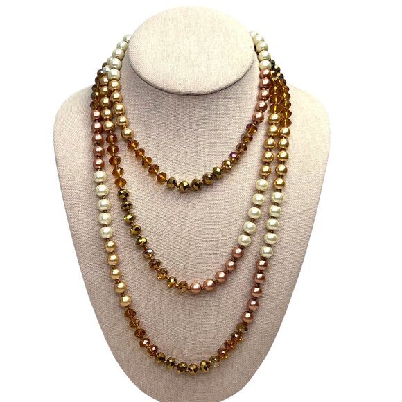 Long Beaded Necklace Faux Pearl Rose Gold Amber Ivory Layered  Shiny Polished - Picture 1 of 4